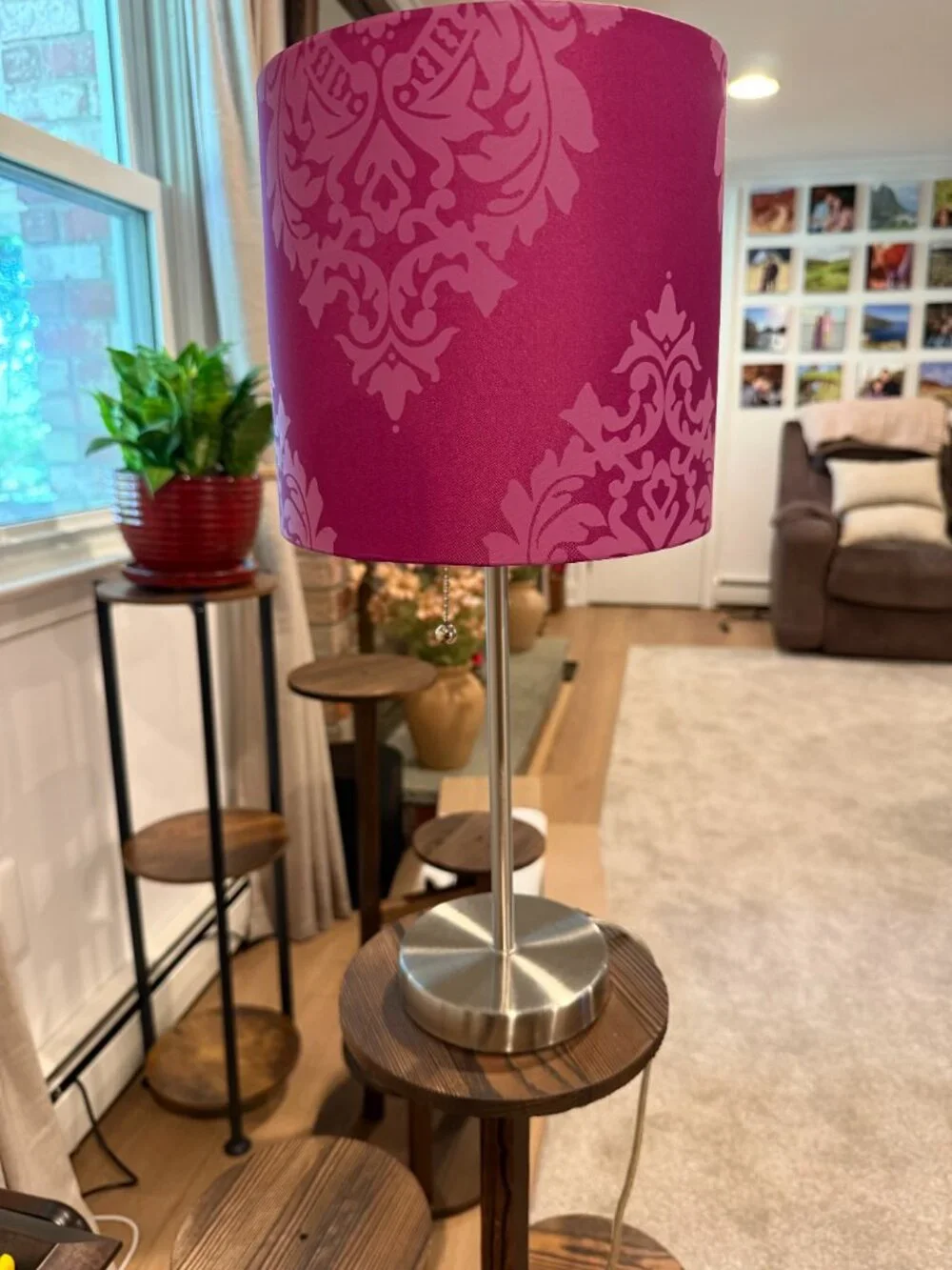 Purple Damask Stick Lamp w/Silver Metal Base & Pull Chain, Modern Table Lamp